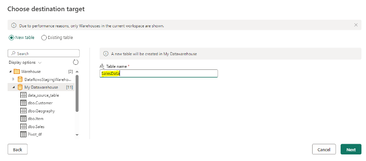 Dataflow Editor - Choose Destination Target