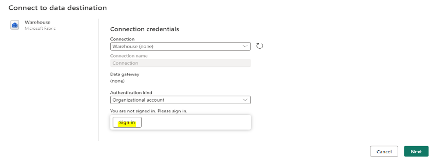 Dataflow Editor - Enter the Warehouse Details