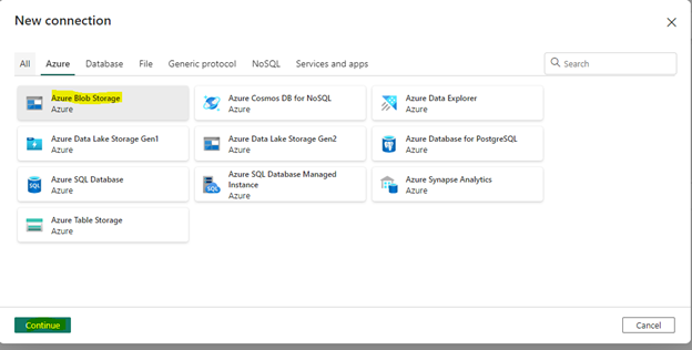 Add new Azure Blob storage connection
