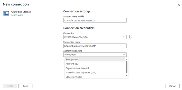 Azure Blob Storage Connection Settings