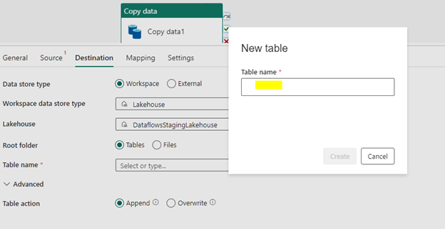 Create table - set up destination attributes