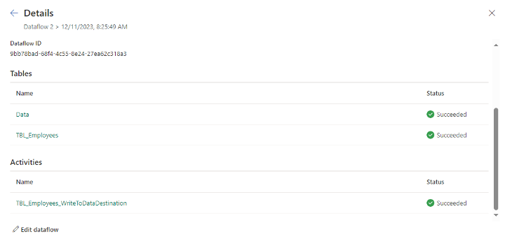 Dataflow details and history of runs